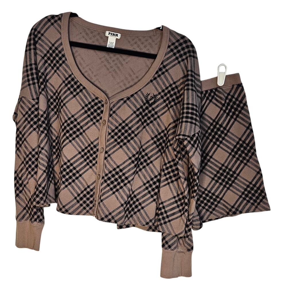 Victoria's Secret PINK Iced Coffee Brown thermal cropped Cardigan Pajamas set